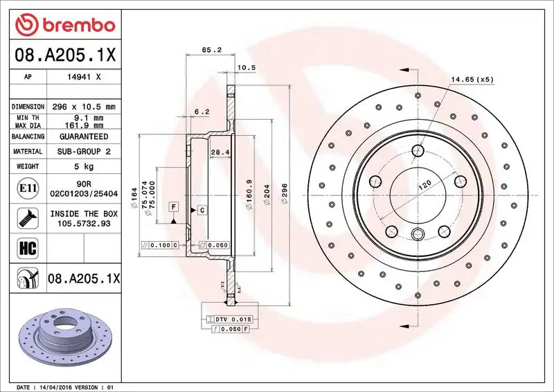 BREMBO 08.A205.1X Arka Fren Diski resmi