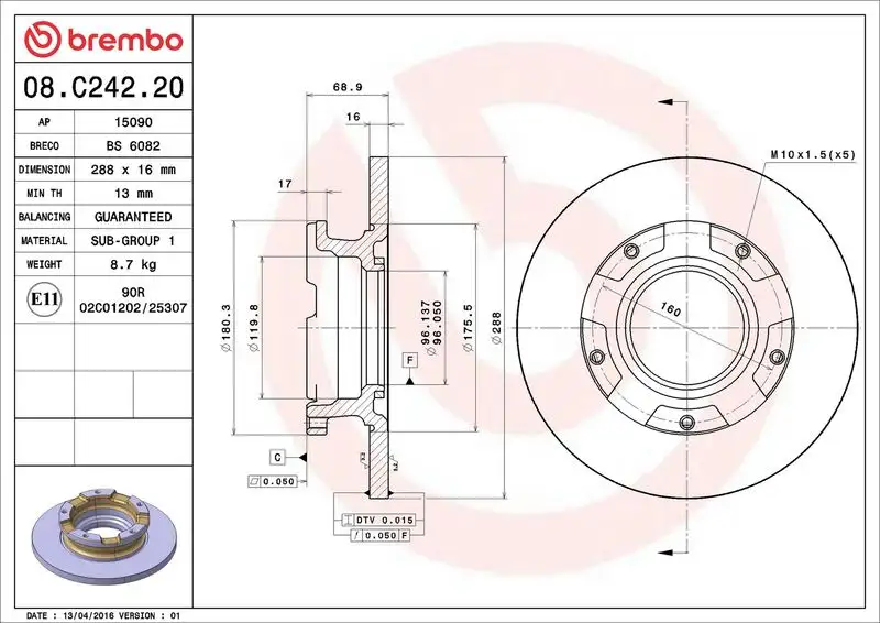BREMBO 08.C242.20 Arka Fren Diski BK212A097BA resmi