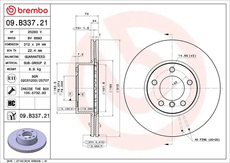 BREMBO 09.B337.21 Ön Fren Diski resmi