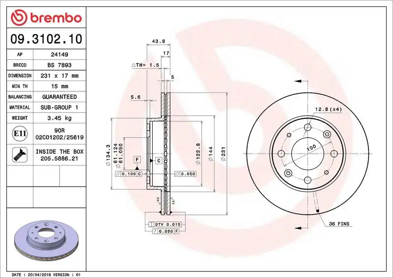 BREMBO 09.3102.10 Ön Fren Diski resmi