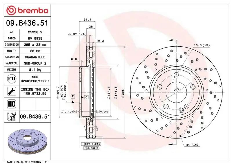 BREMBO 09.B436.51 Ön Fren Diski A2464212512 resmi