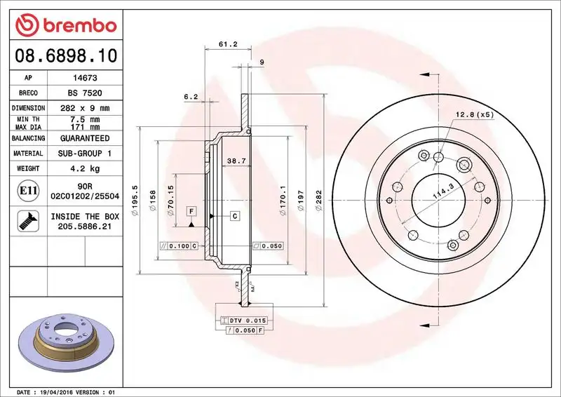 BREMBO 08.6898.10 Arka Fren Diski resmi