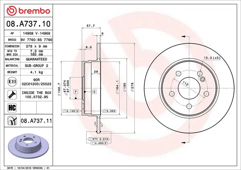 BREMBO 08.A737.10 Arka Fren Diski A2044230512 resmi