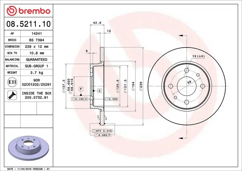 BREMBO 08.5211.10 Ön Fren Diski 21083501070 resmi