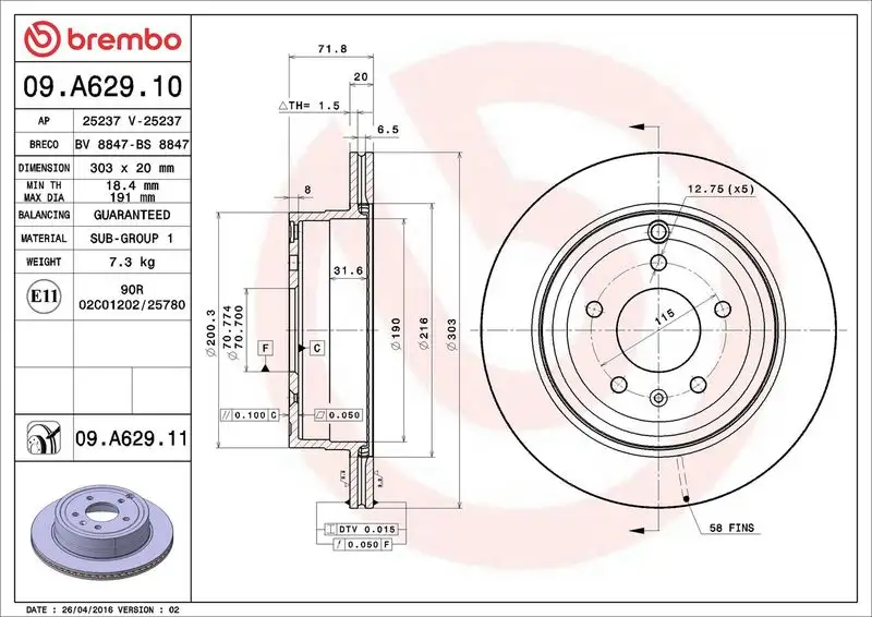 BREMBO 09.A629.10 Arka Fren Diski resmi