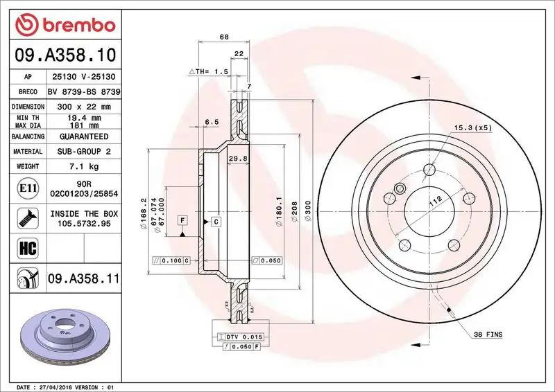 BREMBO 09.A358.10 Arka Fren Diski A0423091207 resmi