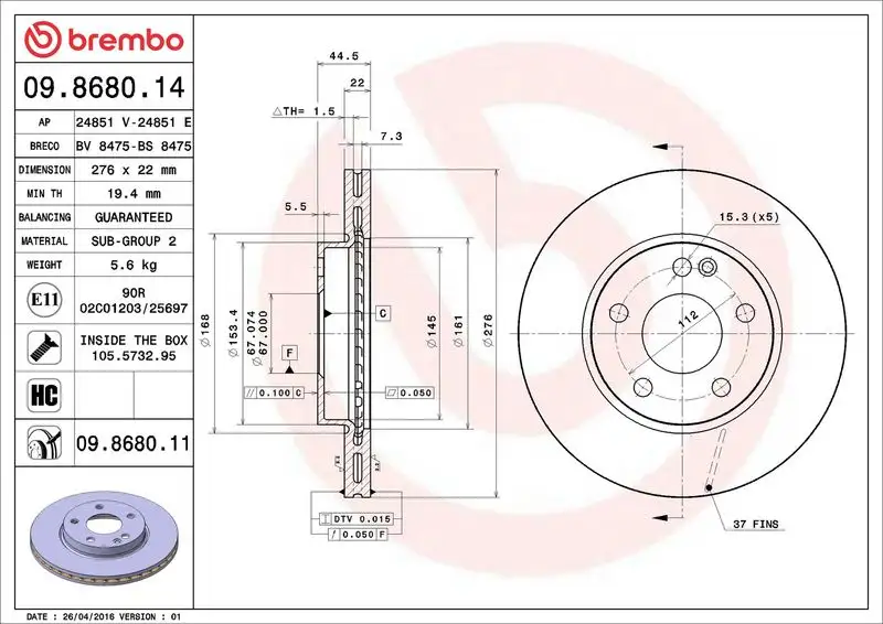 BREMBO 09.8680.11 Ön Fren Diski A1694210812 resmi