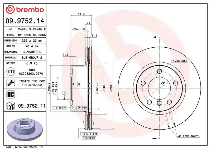 BREMBO 09.9752.11 Ön Fren Diski 34116854997 resmi