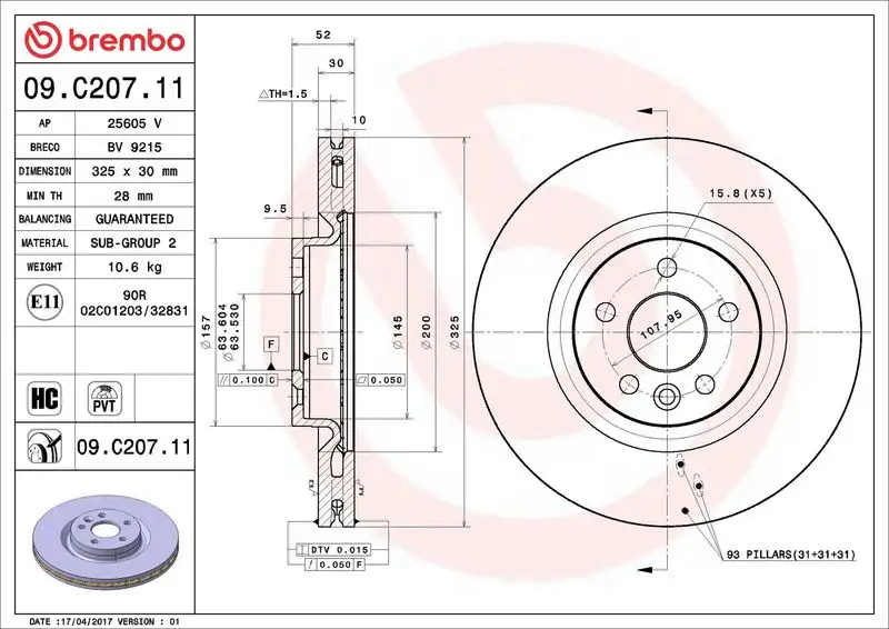 BREMBO 09.C207.11 Ön Fren Diski LR059122 resmi