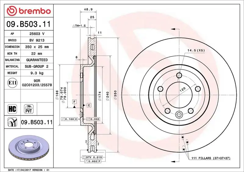 BREMBO 09.B503.11 Arka Fren Diski resmi
