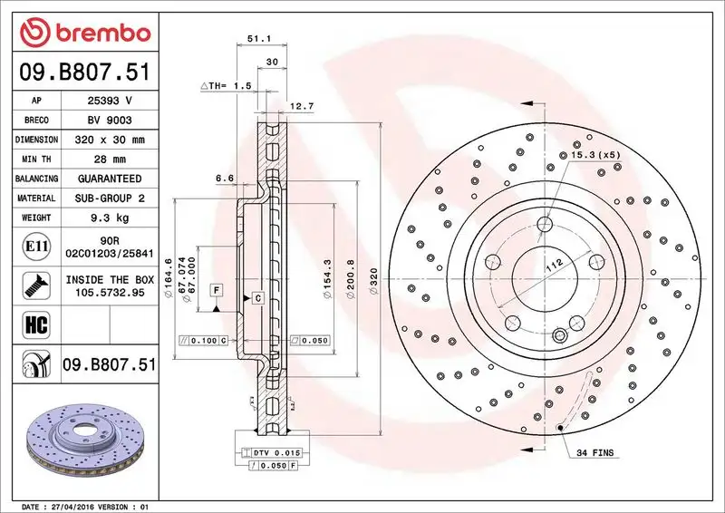 BREMBO 09.B807.51 Ön Fren Diski A2464212812 resmi
