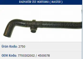 MASTER M2750 Radyatör Üst Hortumu 7700302002 resmi