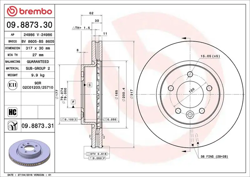 BREMBO 09.8873.31 Ön Fren Diski resmi