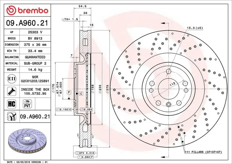 BREMBO 09.A960.21 Ön Fren Diski A1664210912 resmi