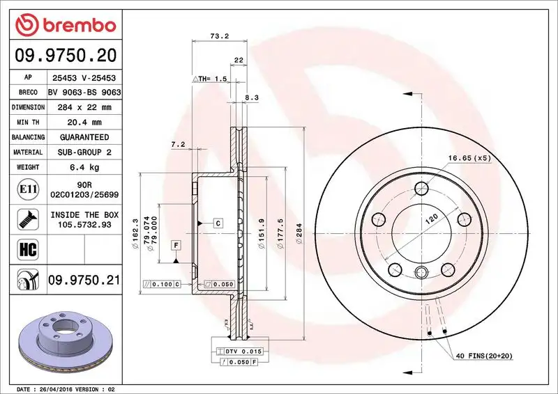 BREMBO 09.9750.21 Ön Fren Diski 34116792215 resmi