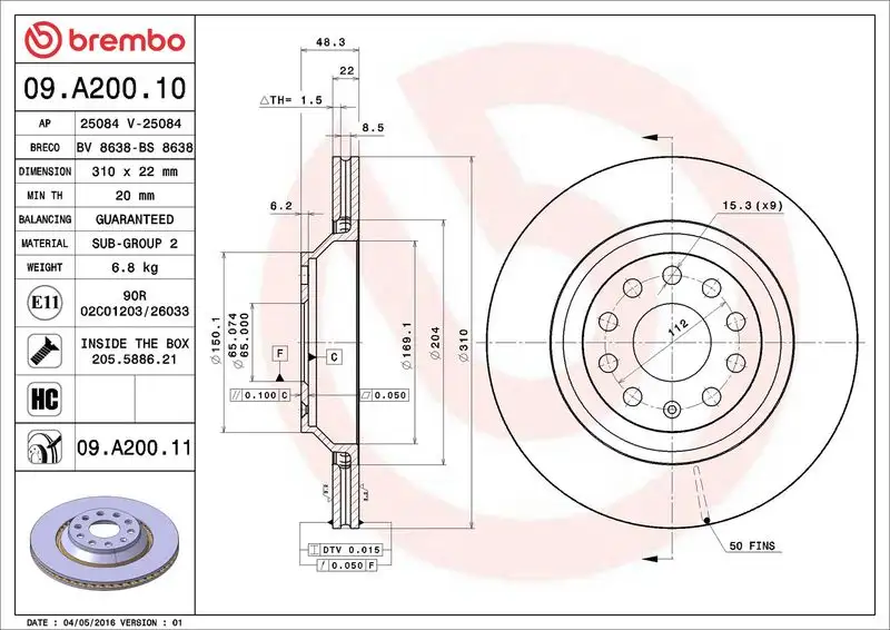 BREMBO 09.A200.11 Arka Fren Diski resmi