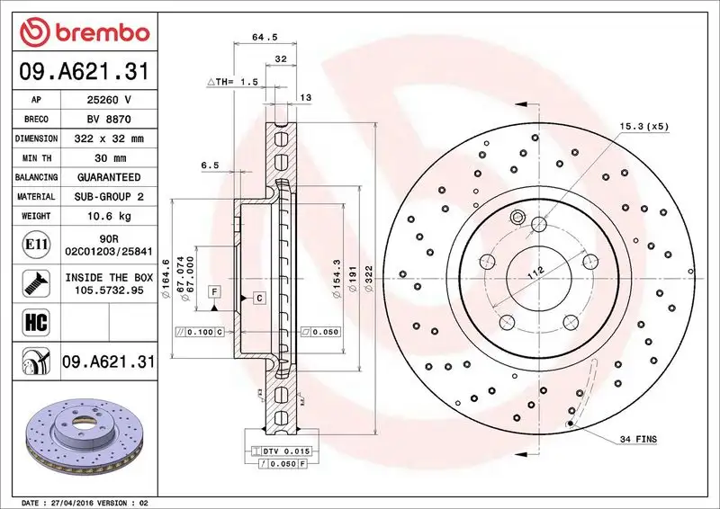 BREMBO 09.A621.31 Ön Fren Diski resmi