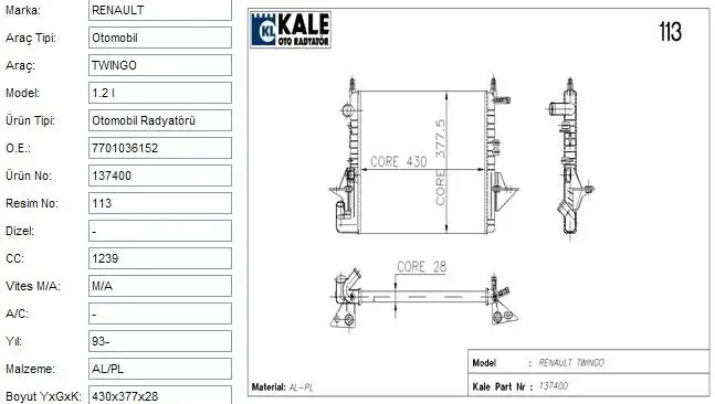 KALE 0523232AL Radyatör resmi