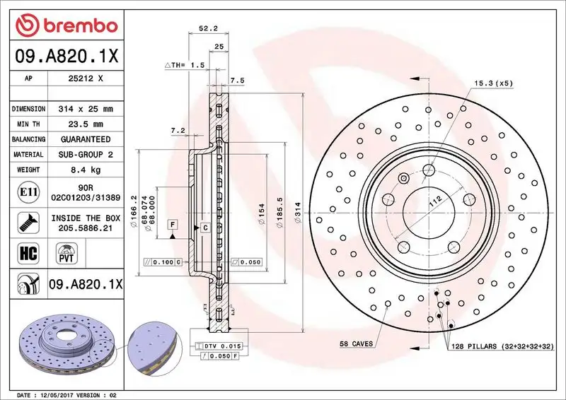 BREMBO 09.A820.1X Ön Fren Diski resmi