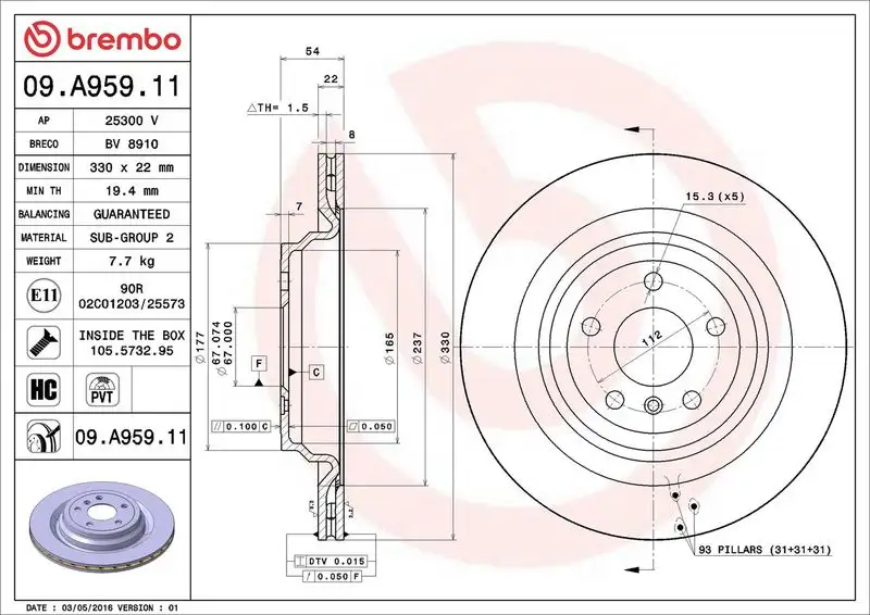 BREMBO 09.A959.11 Arka Fren Diski A1664230600 resmi
