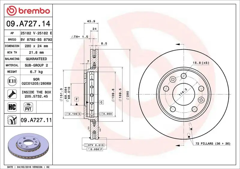 BREMBO 09.A727.11 Ön Fren Diski resmi