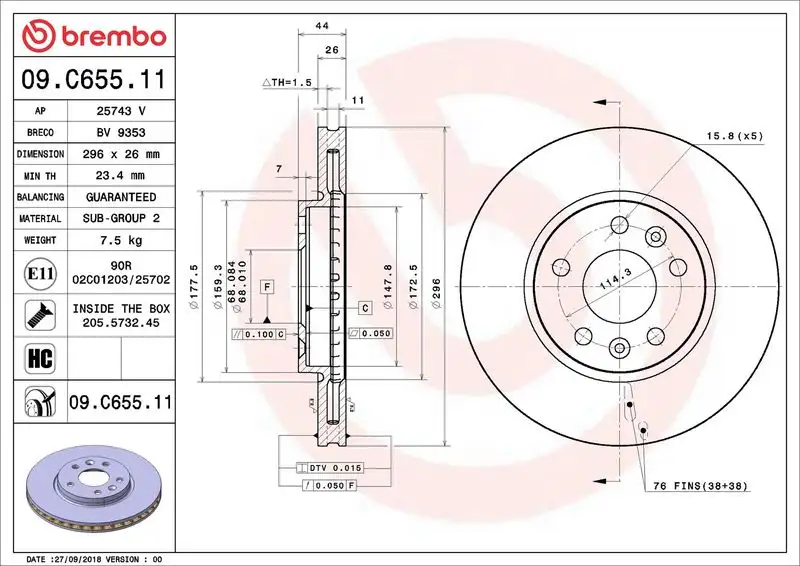 BREMBO 09.C655.11 Ön Fren Diski 402066RN0A resmi