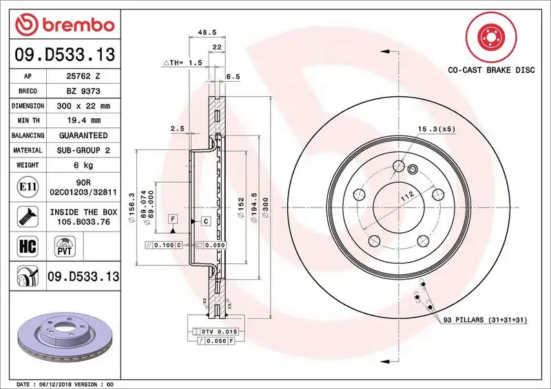 BREMBO 09.D533.13 Arka Fren Diski A0004231812 resmi