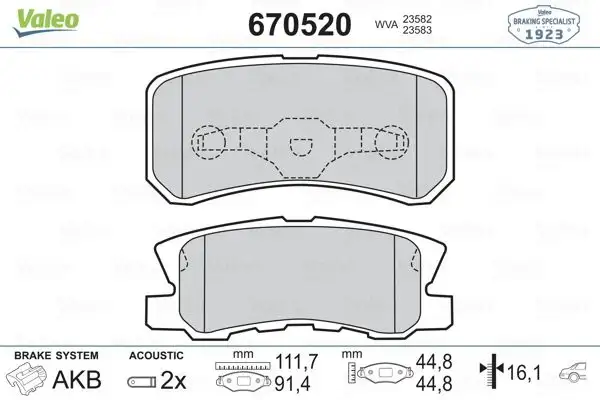 VALEO 670520 Arka Fren Balatası resmi