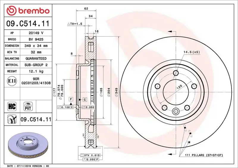 BREMBO 09.C514.11 Ön Fren Diski LR161889 resmi
