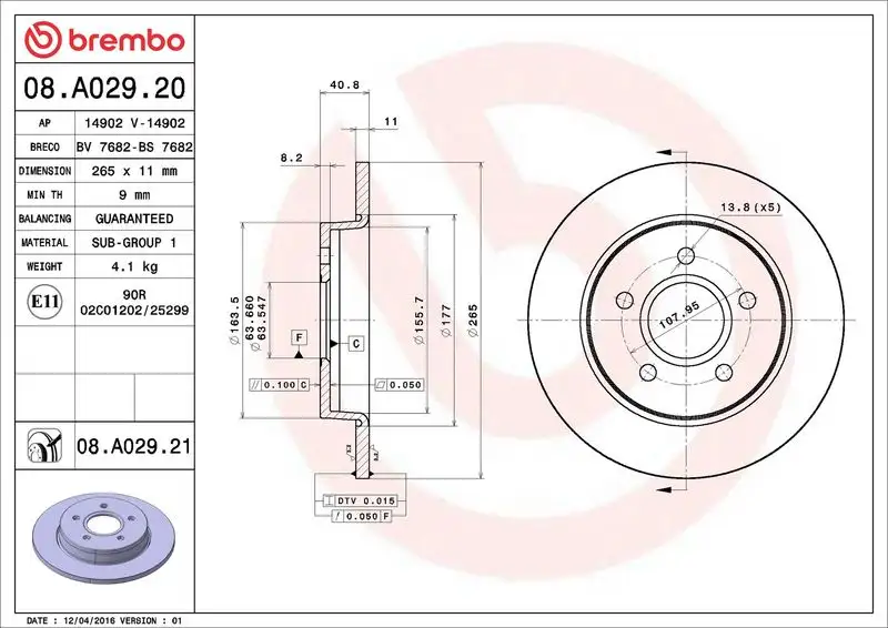 BREMBO 08.A029.20 Arka Fren Diski resmi