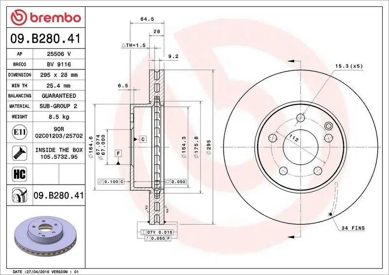 BREMBO 09.B280.41 Ön Fren Diski resmi