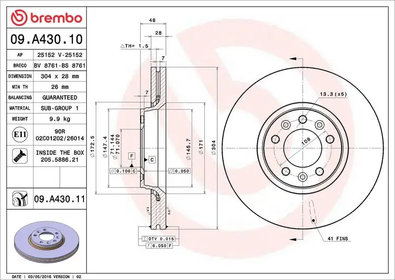 BREMBO 09.A430.10 Ön Fren Diski resmi