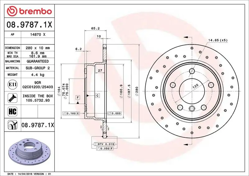BREMBO 08.9787.1X Arka Fren Diski 34216855001 resmi