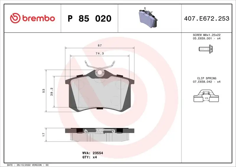 BREMBO P85020 Arka Fren Balatası resmi