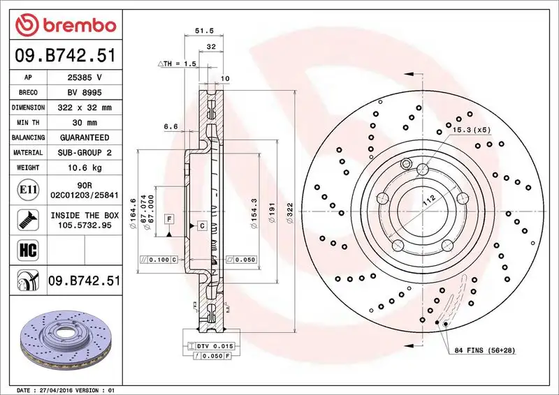 BREMBO 09.B742.51 Ön Fren Diski A2184210312 resmi