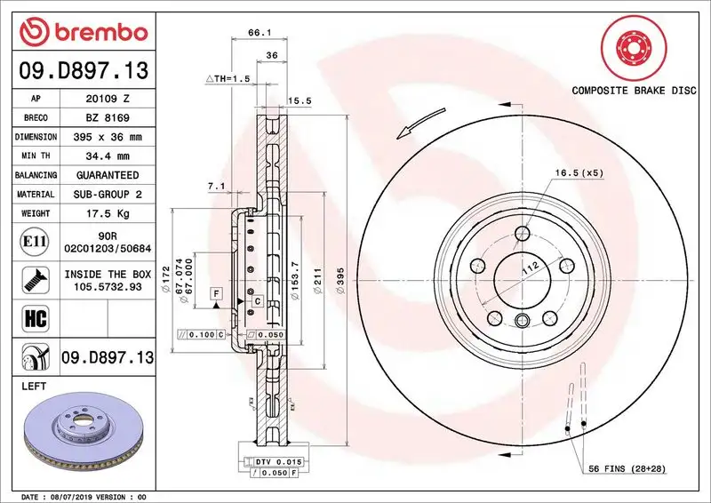 BREMBO 09.D897.13 Ön Fren Diski (Sol) 34116887397 resmi