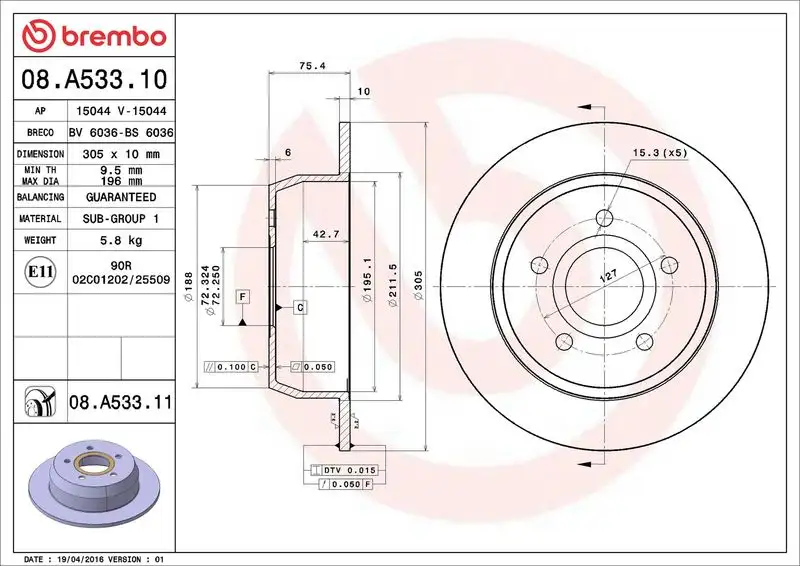 BREMBO 08.A533.11 Arka Fren Diski 52098666AA resmi