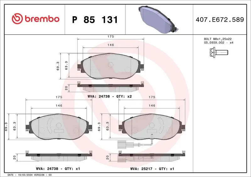 BREMBO P85131X Ön Fren Balatası resmi