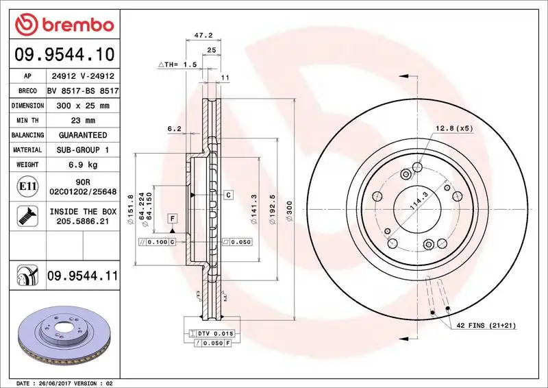 BREMBO 09.9544.11 Ön Fren Diski 45251SPAH50 resmi