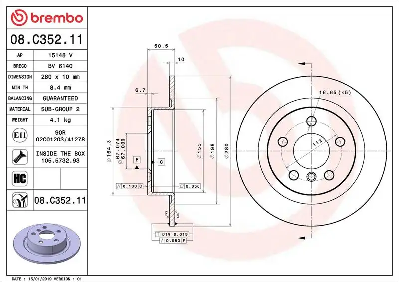 BREMBO 08.C352.11 Arka Fren Diski resmi