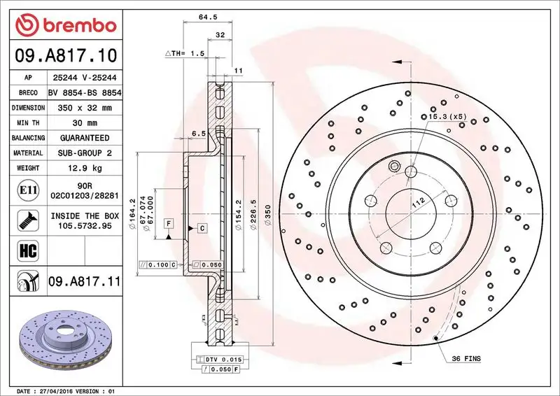 BREMBO 09.A817.11 Ön Fren Diski A2214211112 resmi