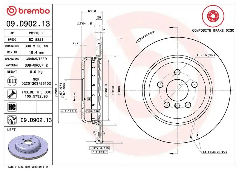 BREMBO 09.D902.13 Arka Fren Diski (Sol) resmi