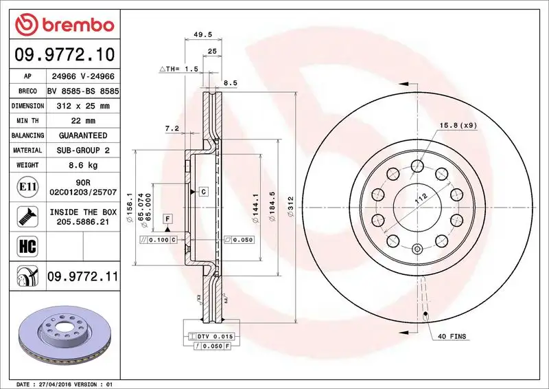 BREMBO 09.9772.10 Ön Fren Diski resmi