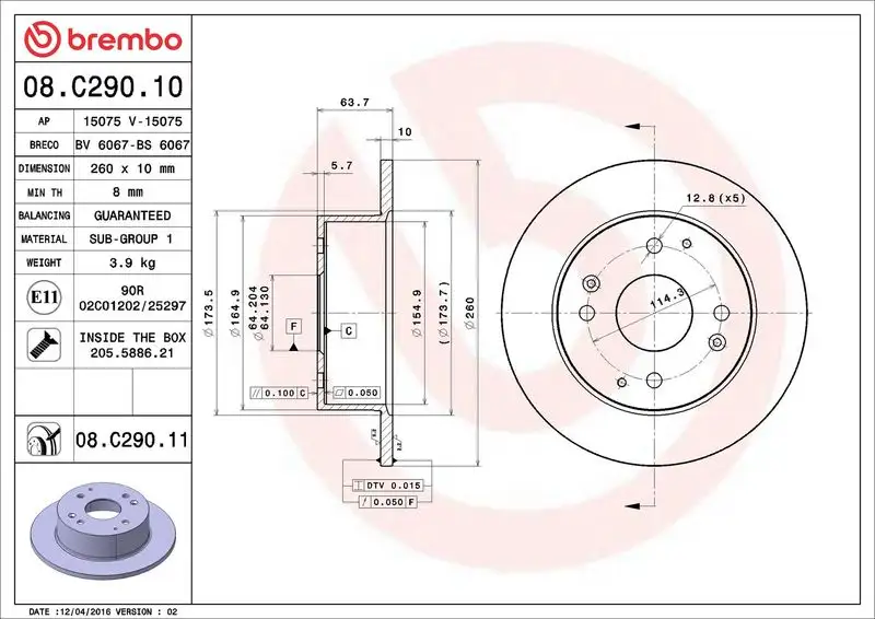 BREMBO 08.C290.11 Arka Fren Diski resmi
