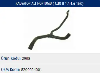 MASTER M2908 Radyatör Alt Hortumu 8200024001 resmi