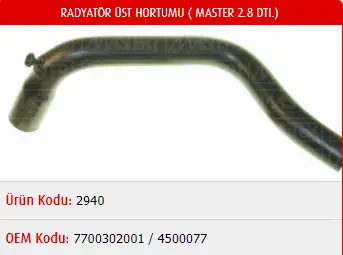 MASTER M2940 Radyatör Üst Hortumu 7700302001 resmi