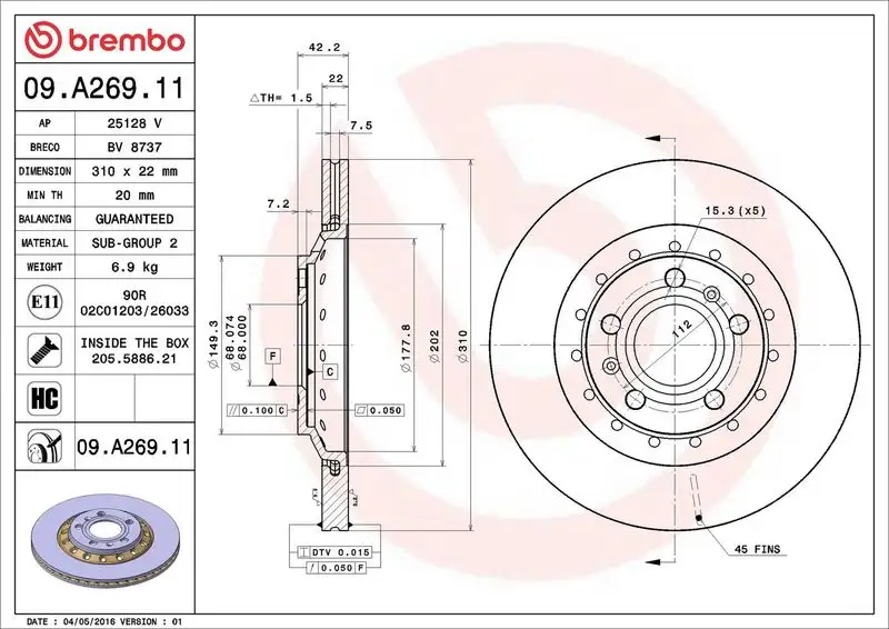 BREMBO 09.A269.11 Arka Fren Diski 4E0615601A resmi