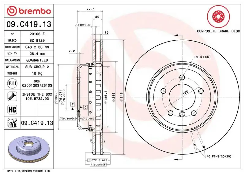 BREMBO 09.C419.13 Ön Fren Diski 34116763824 resmi