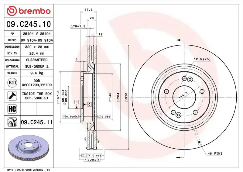 BREMBO 09.C245.11 Ön Fren Diski resmi