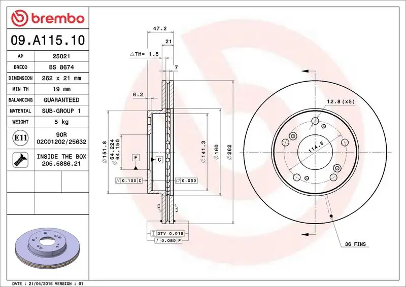 BREMBO 09.A115.10 Ön Fren Diski 45251S7AJ10 resmi